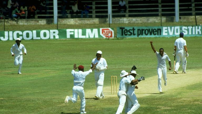 12 Mar 1986:  Ian Botham of England is caught behind off Malcolm Marshall of West Indies during second Test at Sabina Park in Kingston, Jamaica.
