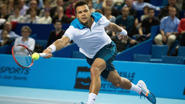Jo-Wilfried Tsonga stretches for a forehand during his semi-final win over Jan-Lennard Struff at Open 13 in Marseille. Feb 22 2014.
