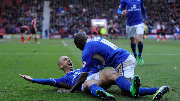 Kevin Phillips of Leicester City (left) celebrates with Lloyd Dyer after scoring against Bournemouth