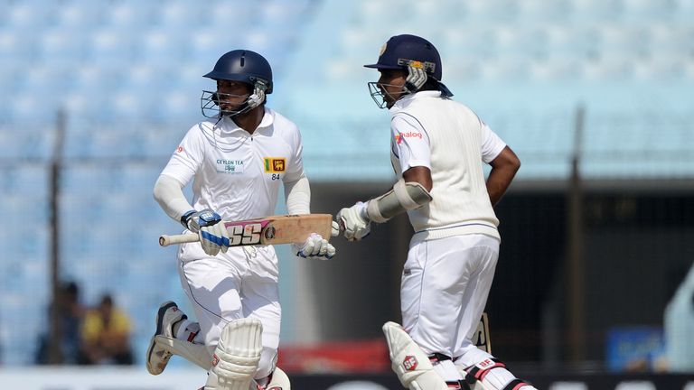 Kumar Sangakkara (left) and Mahela Jayawardene during second Test between Sri Lanka and Bangladesh in Chittagong. Feb 4 2014.