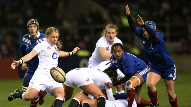 England's scrum half La Toya Mason kicks the ball clear during the Six Nations women's international rugby union match between England and France