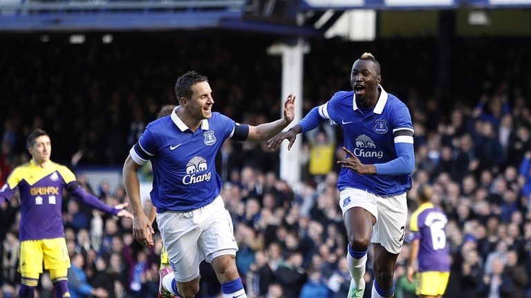 Everton's Lacina Traore (right) celebrates with his team-mate Phil Jagielka (left) after scoring his team's opening goal  