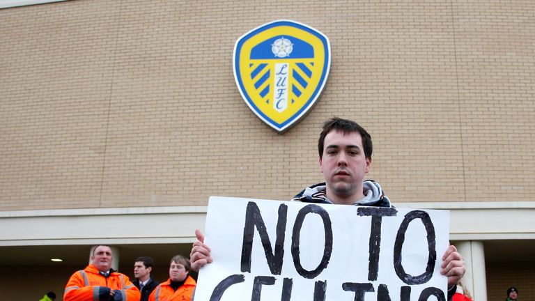A Leeds United fan with a 'No to Cellino' banner before the Sky Bet Championship match at Elland Road, Leeds.