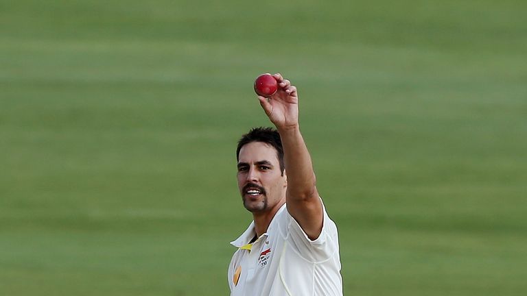 Australia's Mitchell Johnson celebrates his five-wicket haul on day four of first Test against South Africa at Centurion. Feb 15 2014.