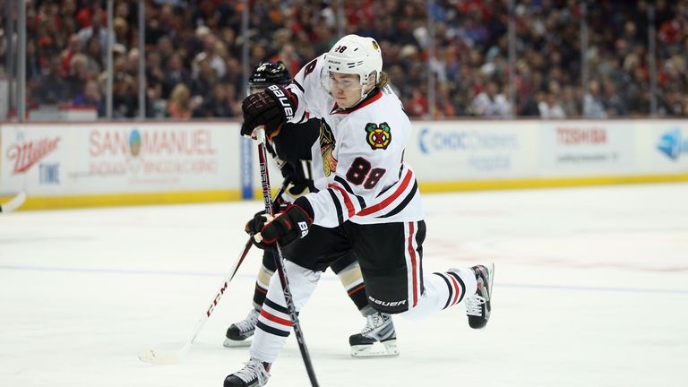 Patrick Kane #88 of the Chicago Blackhawks shoots the puck in the second period against the Anaheim Ducks at Honda Center on March 20 2013.