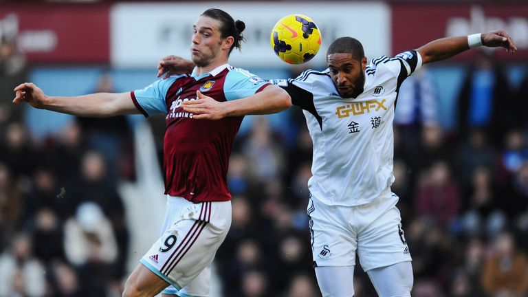 Andy Carroll of West Ham United jumps with Ashley Williams of Swansea City during the Premier League match at Upton Park