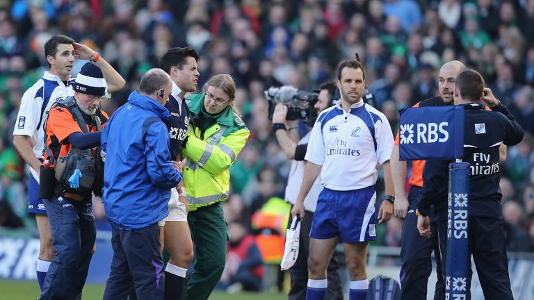 DUBLIN, IRELAND - FEBRUARY 02:  Sean Maitland of scotland is injured during RBS Six Nations match between Ireland and Scotland at the Aviva Stadium on Febr