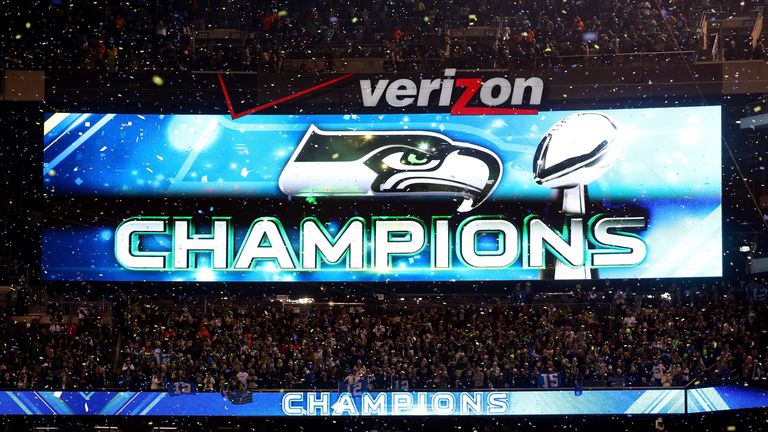 Signage honors the Seattle Seahawks 43-8 victory of the Denver Broncos during Super Bowl XLVIII at MetLife Stadium 