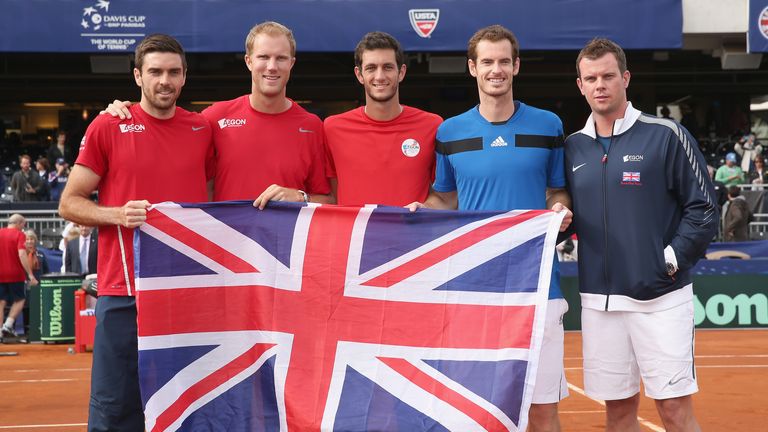 SAN DIEGO, CA - FEBRUARY 02:  Great Britain's Davis Cup team L-R Colin Fleming,Dominic Inglot,James Ward,Andy Murray and capotain Leon Smith celebrate thei