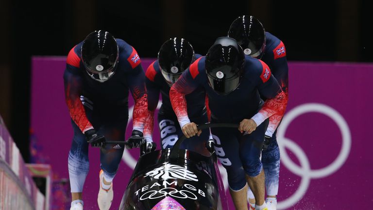 Great Britain's four-man bobsleigh team at the Winter Olympics, Sochi. Feb 22 2014.