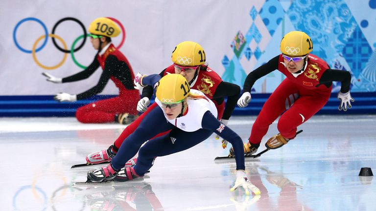 GB short track speed skater Elise Christie in action in the 500m at the Winter Olympics, Sochi.