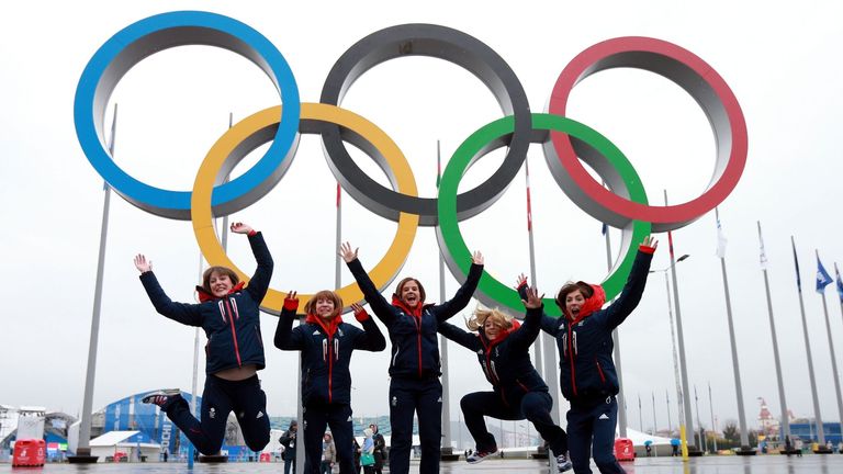 Great Britain's (left to right) Lauren Gray, Claire Hamilton, Vicki Adams, Anna Sloan and Eve Muirhead celebrate their bronze at the Winter Olympics
