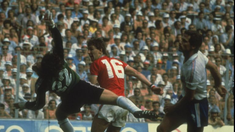  Bryan Robson of England scores a goal during the 1982 World Cup match against France in Bilbao, Spain. England won the the match 3-1.