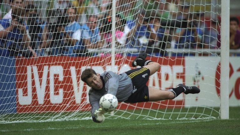 Ireland goalkeeper Pat Bonner makes a great save during the penalty shoot out after the World Cup match against Romania