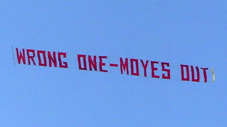 - A plane flies overhead with a banner criticising Manchester United Manager David Moyes during the Barclays Premier League match between Manchester United and Aston Villa