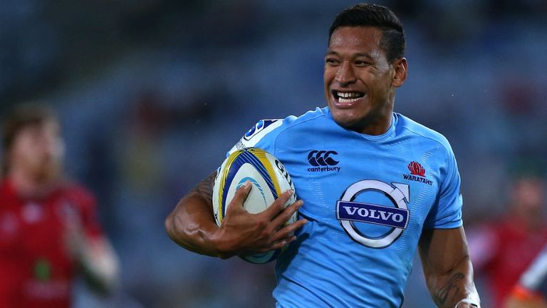- Israel Folau of the Waratahs beats the defence to score a try during the round three Super Rugby match between the Waratahs and the Reds at ANZ Stadium