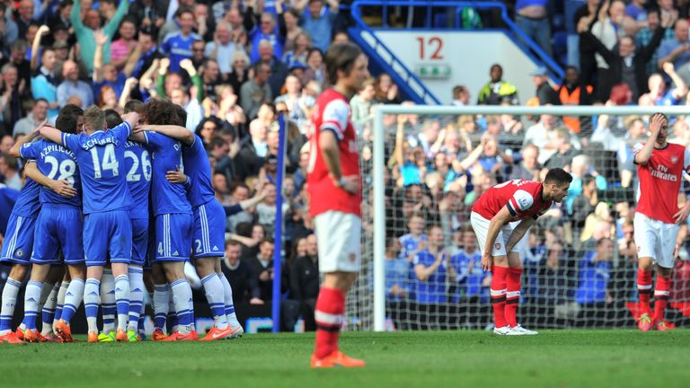 Chelsea celebrate their sixth goal against Arsenal