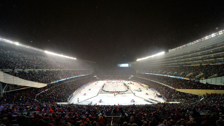 The Chicago Blackhawks play the Pittsburgh Penguins at Soldier Field