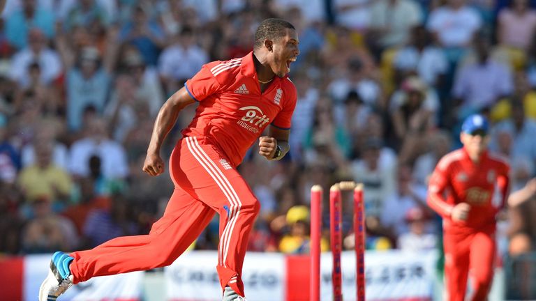 England's cricketer Chris Jordan celebrates after bowling out West Indies batsman Marlon Samuels during the final T20 match between England and West Indies