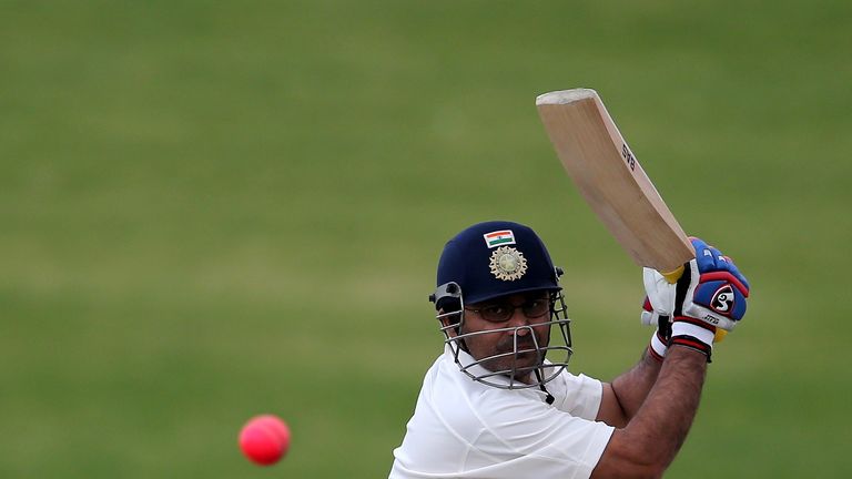 India batsman Virender Sehwag in action for the MCC during their fixture against Durham in Abu Dhabi