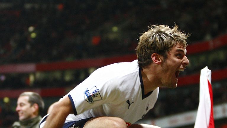 Tottenham Hotspur's David Bentley celebrates after his team mate Jermaine Jenas scored Tottenham's crucial eaualising goal. 