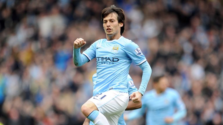 David Silva of Manchester City celebrates after he scores the first goal of the game for his side during the Barclays Premier Le