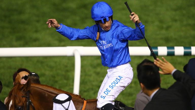 Silvestre De Sousa celebrates after riding African Story to win the Dubai World Cup