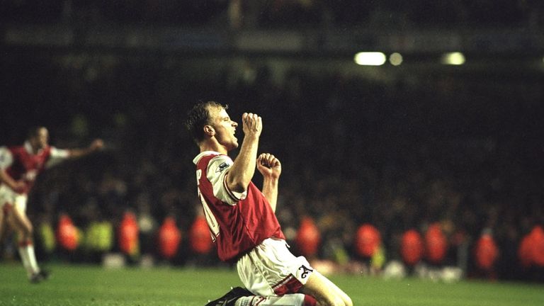 24 Nov 1996:  Dennis Bergkamp of Arsenal celebrates a goal during an FA Carling Premiership match against Tottenham Hotspur at Highbury Stadium in London. 