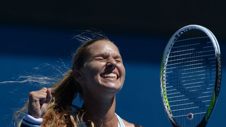 Dominika Cibulkova celebrates after victory in her women's singles match against Simona Halep on day ten of the 2014 Australian Open.