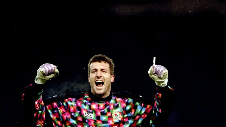 1 Jan 1994:  Blackburn Rovers goalkeeper Tim Flowers celebrates during an FA Carling Premiership match against Aston Villa at Villa Park in Birmingham, Eng