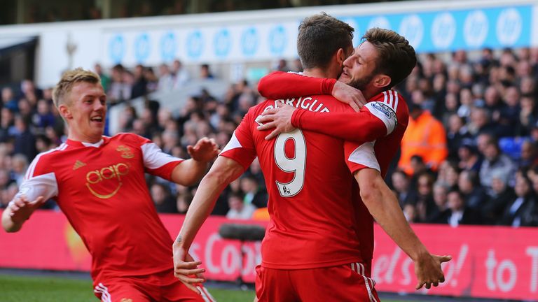 Jay Rodriguez of Southampton is congratulated by Adam Lallana