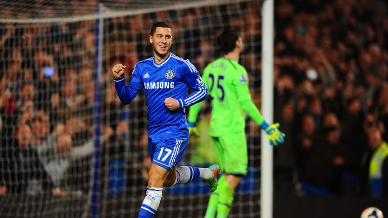Eden Hazard of Chelsea celebrates after scoring from the penalty spot against Tottenham