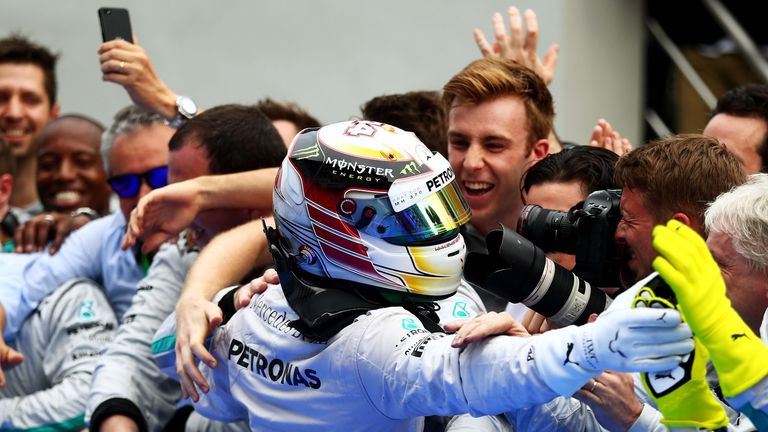 Lewis Hamilton celebrates victory