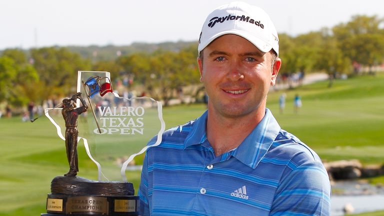Martin Laird of Scotland holdes the trophy after winning the Valero Texas Open held at the AT&T Oaks Course at TPC San Antonio