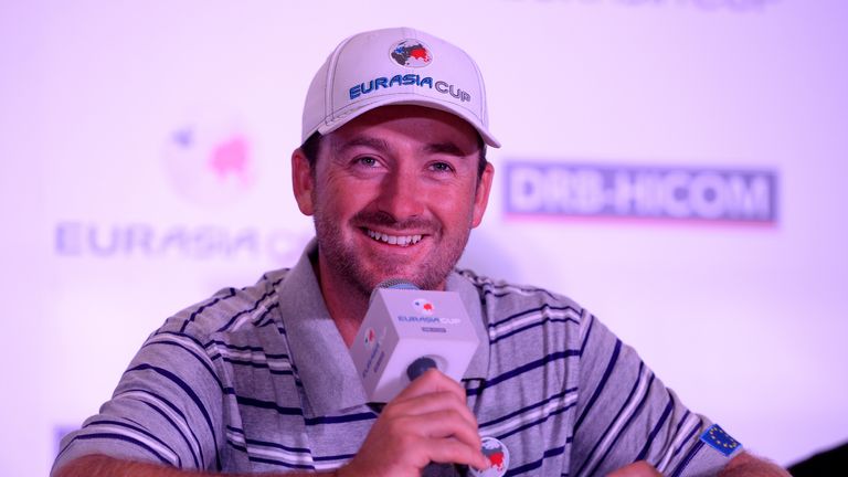 Graeme McDowell of Team Europe talking to the press at the EurAsia Cup