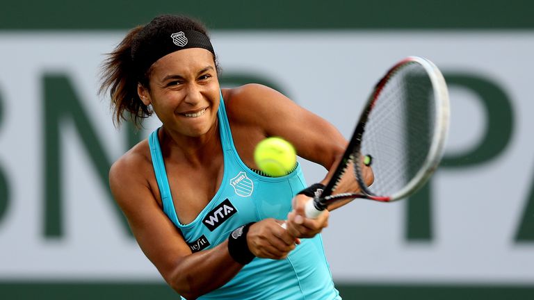 Heather Watson returns a shot to Belinda Bencic during the BNP Paribas Open at the Indian Wells
