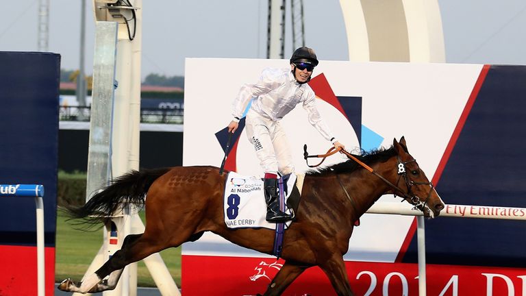 DUBAI, UNITED ARAB EMIRATES - MARCH 29:  Toast of New York ridden by Jamie Spencer wins the UAE Derby during the Dubai World Cup at the Meydan Racecourse o