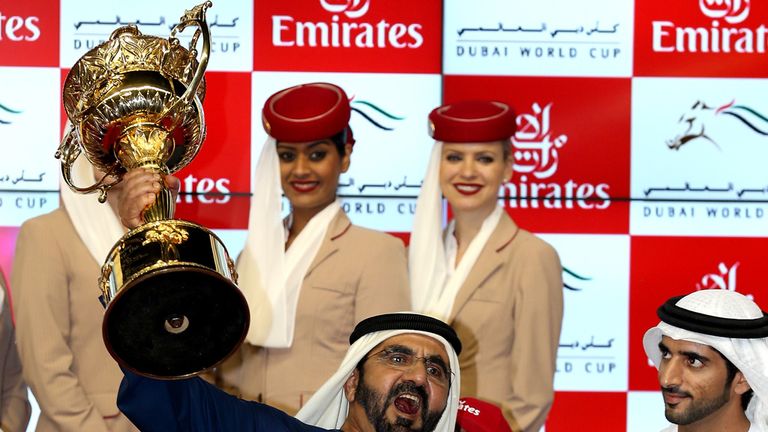 Sheikh Mohammed bin Rashid Al Maktoum, Ruler of Dubai and Vice President of the UAE rejoices after winning the Dubai World Cup