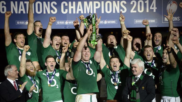 Ireland celebrate winning the 2014 Six Nations title after victory over France in Paris