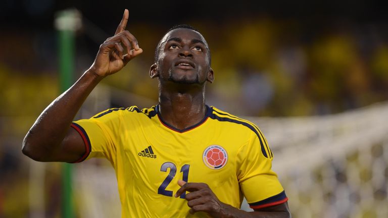 Colombia's player Jackson Martinez celebrates after scoring against Cameroon during a friendly football match