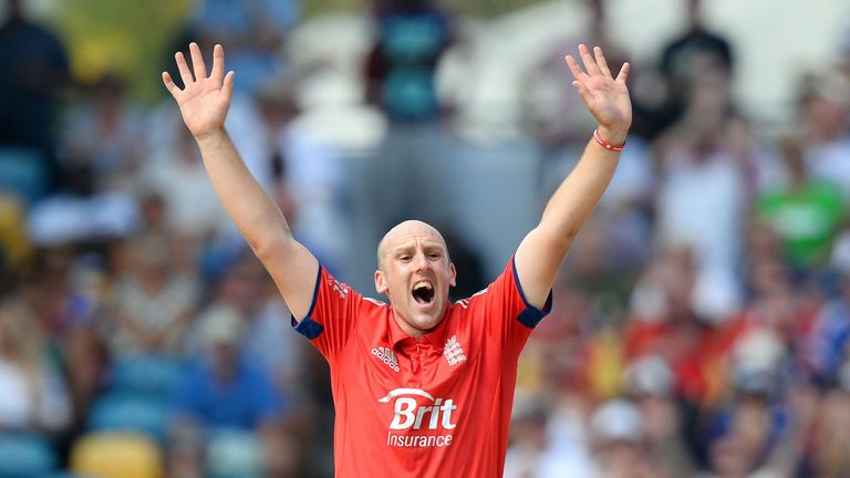 James Tredwell successfully appeals for lbw against West Indies batsman Chris Gayle during the first T20 match in Barbados. Mar 9 2014.