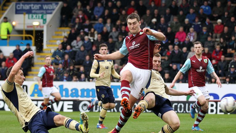 Burnley's Sam Vokes scores during the Sky Bet Championship match at the Turf Moor, Burnley.