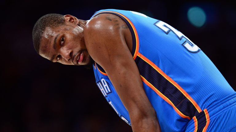 Kevin Durant of the Oklahoma City Thunder takes a breather between points against the Los Angeles Lakers  