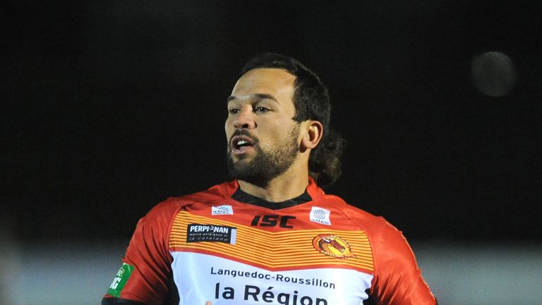 Louis Anderson of Catalan Dragons attacks during the Super League match between London Broncos and Catalan Dragons at Molesey 