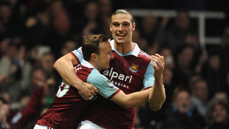 Mark Noble of West Ham celebrates scoring the opening goal from the penalty spot with Andy Carroll of West Ham  during the clash with Hull City