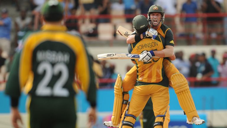 Mike Hussey and Mitchell Johnson celebrate after Australia beat Pakistan in the semi-final of the 2010 World Twenty20 in St Lucia.