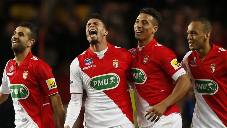 Monaco's French forward Emmanuel Riviere (2ndL) celebrates with teammates after scoring during the French Cup football match between AS Monaco and RC Lens