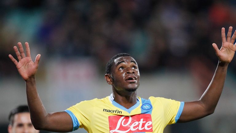 Duvan Zapata celebrates his team's opening goal during the Serie A match between Calcio Catania and SSC Napoli
