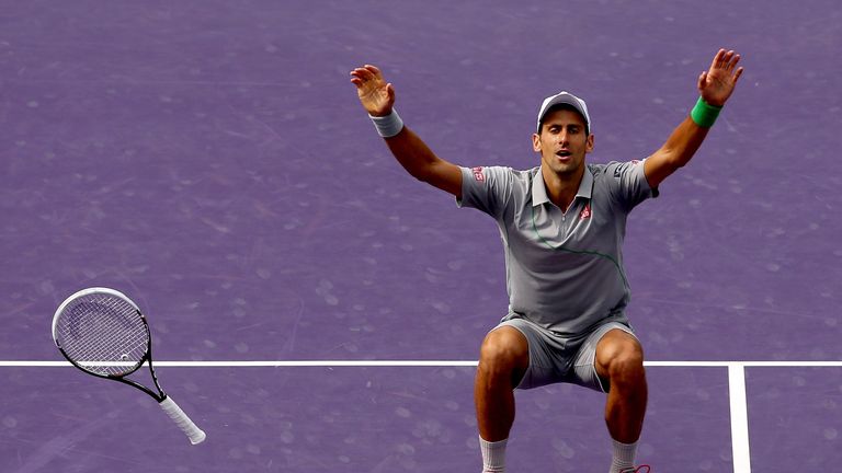 Novak Djokovic celebrates match point against Rafael Nadal of Spain during the Sony Open Tennis final