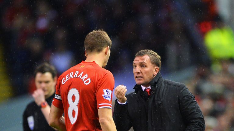  Brendan Rodgers, manager of Liverpool talks to Steven Gerrard during the Barclays Premier League match 